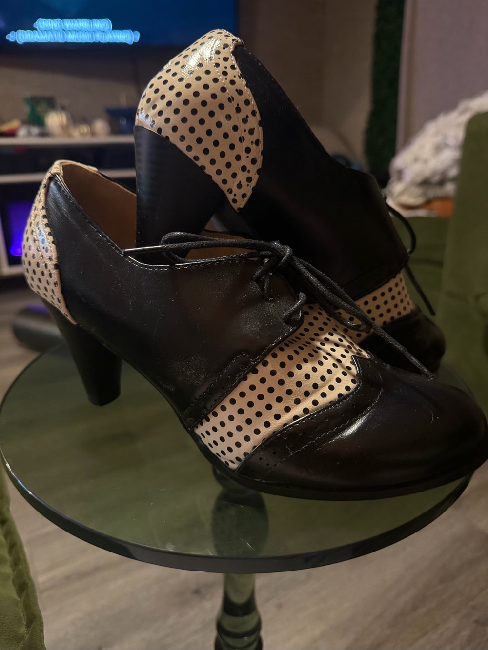 Chase + Chloe Black and Cream Polka Dot Lace-Up Heels